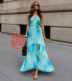 Mango NWT Blue Watercolor Halter Pleated Maxi Dress 6 8